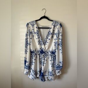 Lovers + Friends White and Blue Spring Blossom Romper